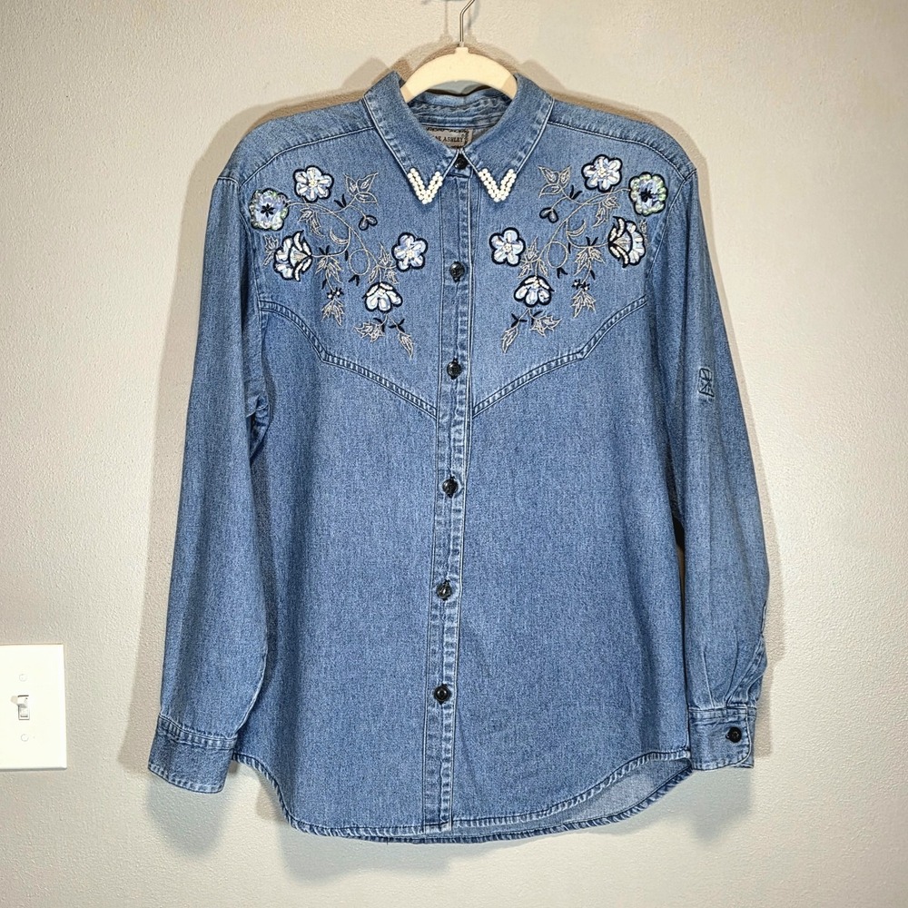 Vtg Jane Ashley Denim Shirt Medium Embroidered Pearl Sequin 90s Western Cowgirl